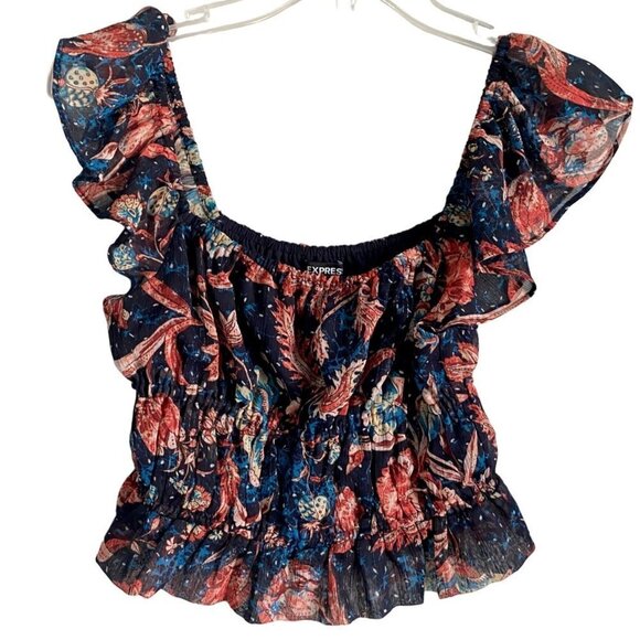 Express Ruffle Sleeve Floral Print Cropped Top XS - Picture 5 of 9